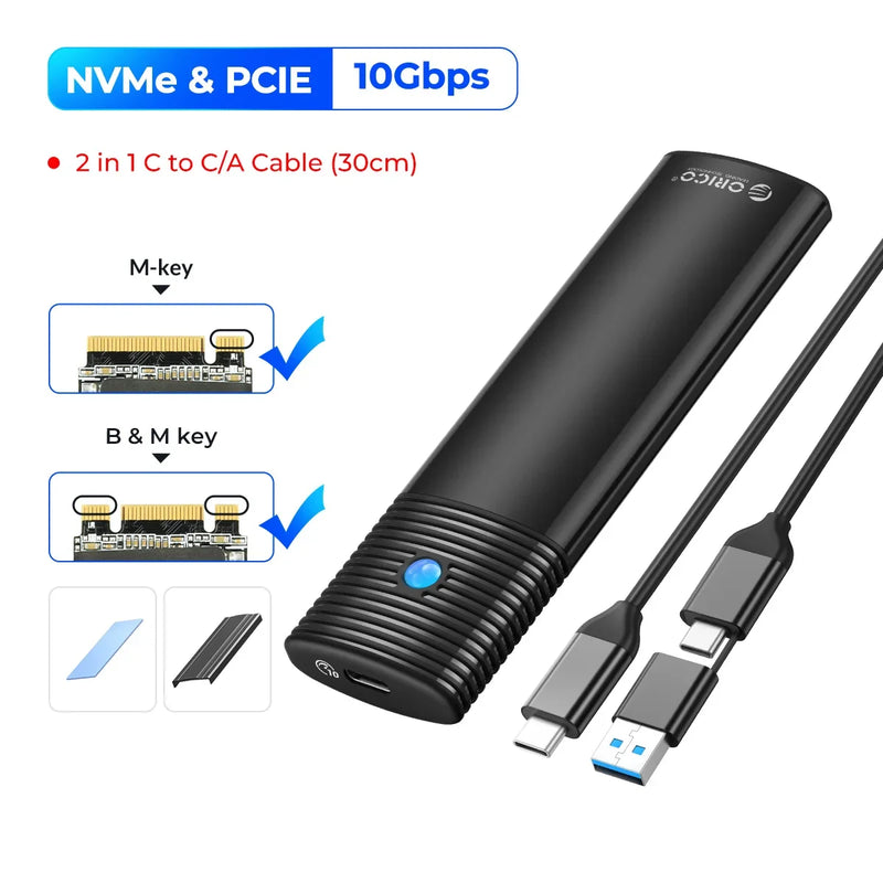 ORICO M.2 NVMe SATA SSD Enclosure Adapter Tool-Free USB C 3.2 Gen 2 10Gbps NVMe 5Gbps NGFF SATA PCIe with Metal Heat Sink