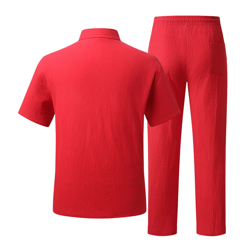 Men's Red Embroidered Two-piece Set for Summer, Featuring A Chinese-style Short-sleeve Shirt Paired with Ankle-length Pants.