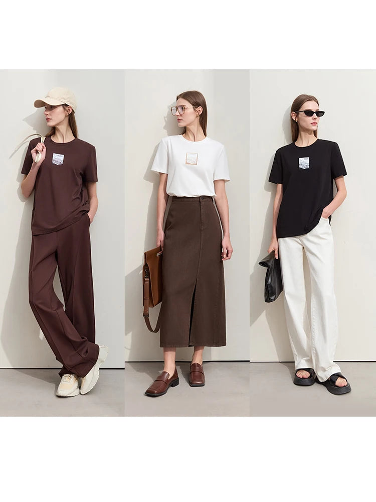 អាវយឺត Amii Minimalism 2025 សម្រាប់ស្ត្រីរដូវស្លឹកឈើជ្រុះថ្មី O-Neck កប្បាសប៉ាក់មូលដ្ឋានដៃខ្លីម៉ូដទាន់សម័យសម្រាប់ស្ត្រី 12422080