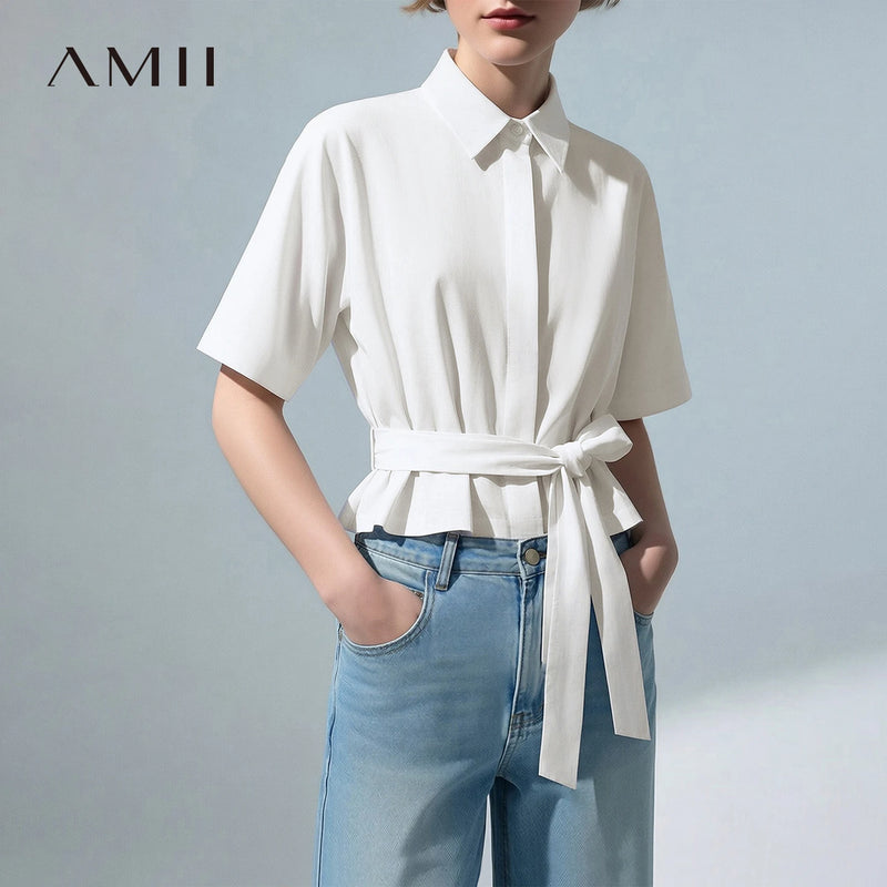 Amii 100% Cotton Women's Shirt 2026 Summer New Lapel Collar Belted Dolman Sleeve Blouse Loose Casual Office Short Top 12642126