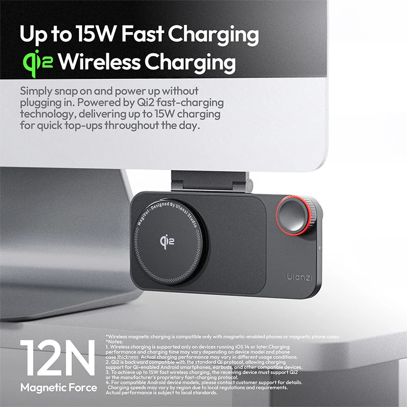ឆ្នាំងសាកឥតខ្សែ Ulanzi CW15 សម្រាប់ iPhone 17 16 15 Pro Max 15W Qi2 សាកថ្មលឿន 210° អាចលៃតម្រូវបានដោយដៃ ការគ្រប់គ្រងការចុច