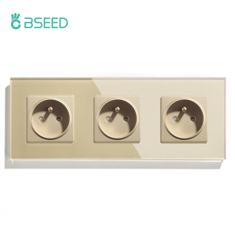 BSEED French Standard Single Wall Power Sockets Double France Outlets Triple Plugs Crystal Glass Panel Children Protection 16A