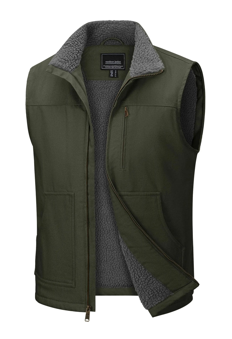 TACVASEN Mens Cotton Work Utility Winter Vest Canvas Waterproof Heavy Duty Coats Sherpa Fleece Sleeveless Jackets Windproof