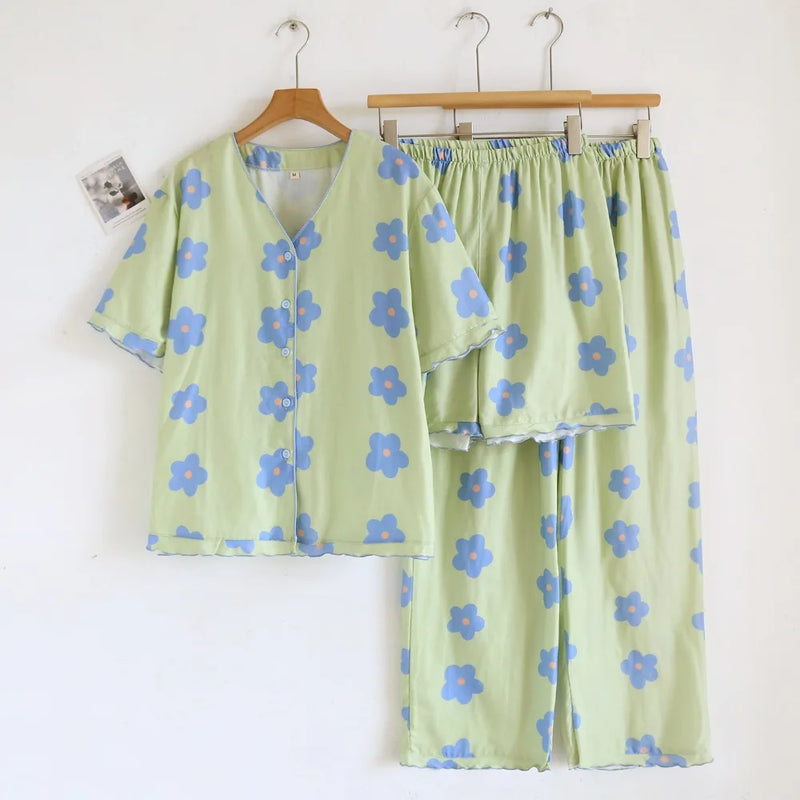 Floral Pajama Set Woman New Summer V-neck Short Sleeve Sleepwear Women's Cotton Home Wear Thin Casual 3 Piece Loungewear Suit