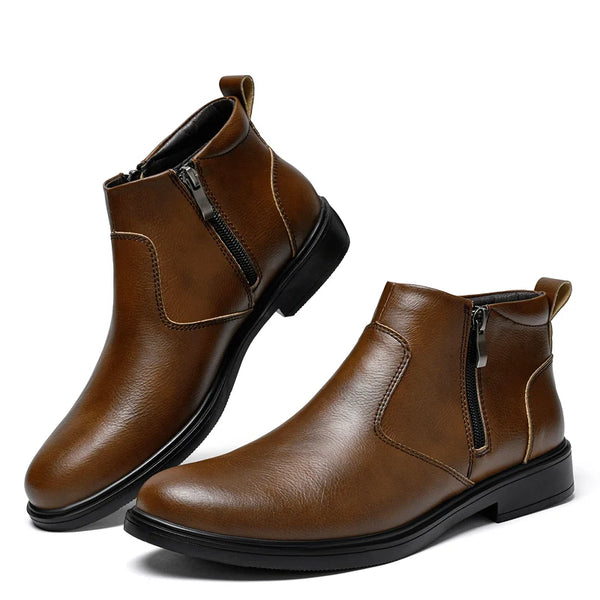 Men's Chelsea Ankle Boots Leather With Double Side Zippers "Plush" and "No Plush" two options