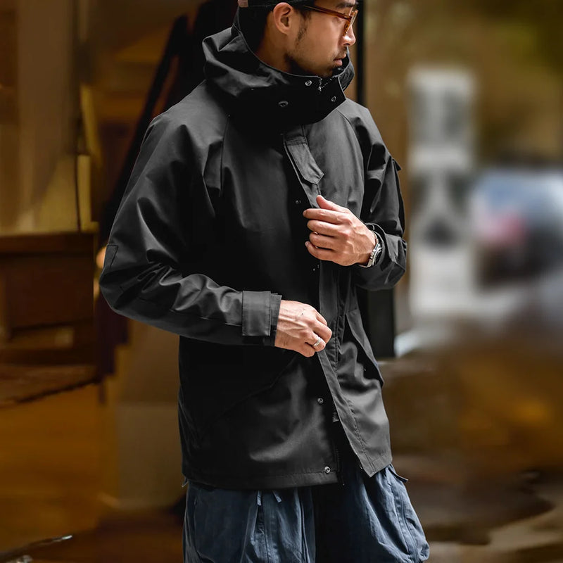 Maden Outdoor Sports Hooded Jacket for Men Black Windbreaker Motorcycle Style Mid-length with Multi-pockets Coat for Autumn