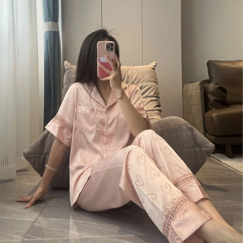 Thin Nightwear 2 Piece Nighty Pajama Set Women's Sleepwear Summer Short Sleeve Long Pants Buttons Lapel Top Pijamas Home Suit