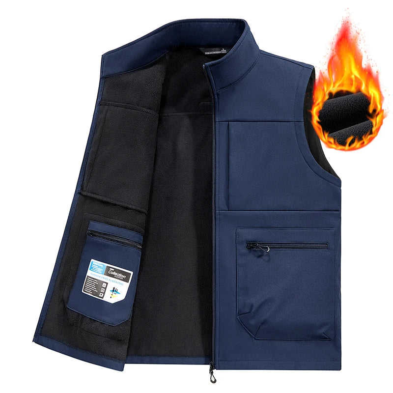 multi-pocket outdoor fishing suit vest coat  New workwear soft-shell with fleece vest LOGO printing casual men's vest