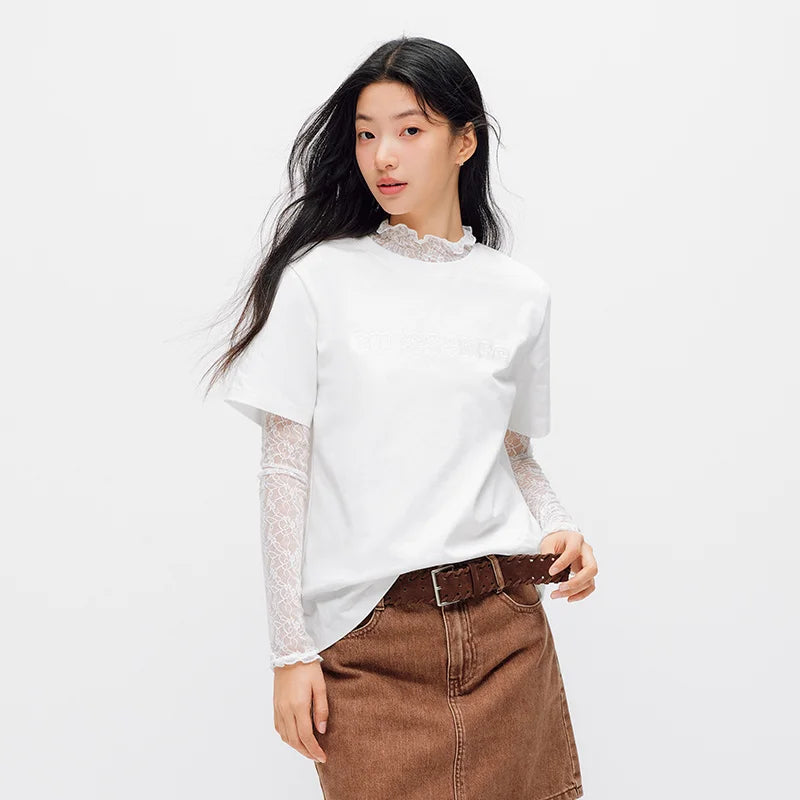 Cotton Lace Letter Embroidery Short Sleeve Summer 2026 Loose Fit Trendy Everyday Style Casual Top