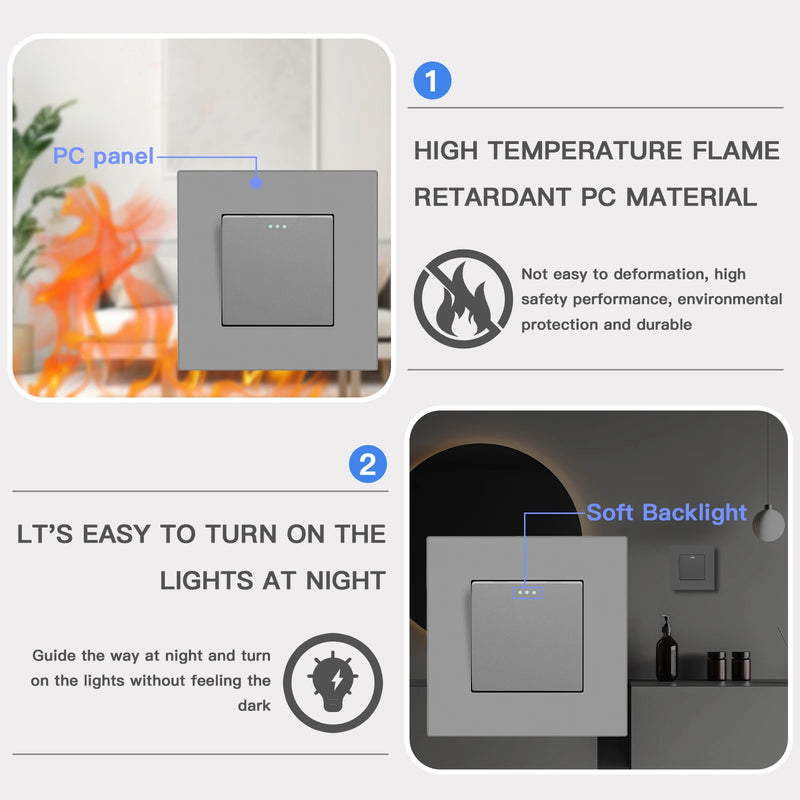 BSEED Button Light Switch 1/2/3Gang 1Way Wall Light Switch Plus Wall Power Socket Gray Plastic Frame Switch On Off