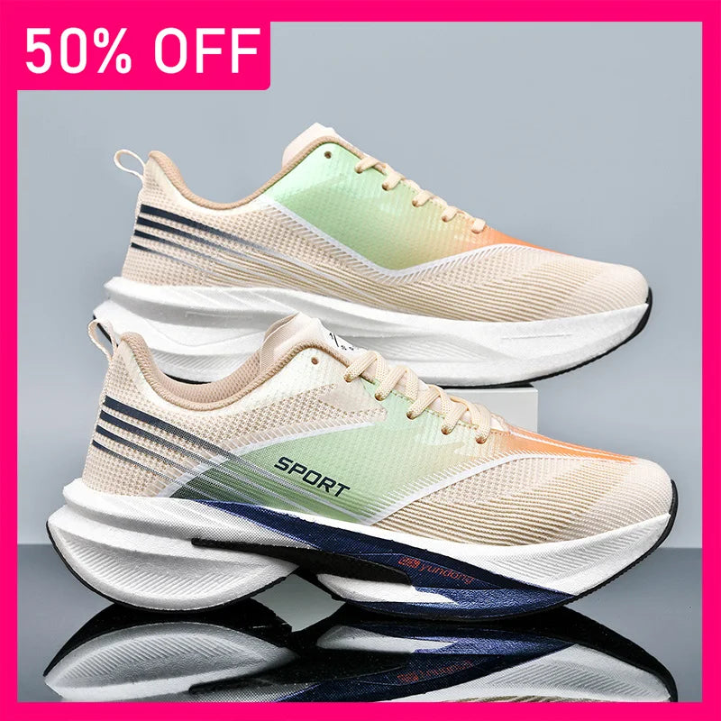 Unisex Sports Shoes Marathon Running Breathe Light Lace Up Mesh Training Shoes New Thick Soled Damping Anti Slip Running Shoes