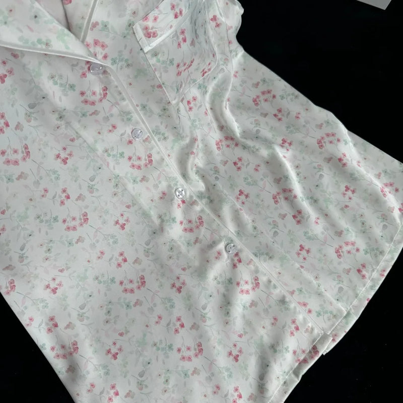 Women's Summer Lapel Pajamas 2 Pieces Sleepwear Nightwear Ice Silk Short Sleeve Button Top Trousers Loungewear for Women Pijama
