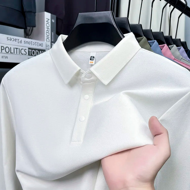 Men's Wool Blend Long Sleeve Polo - Light Blue (White/Black/Olive Green) Wool & Mulberry Silk Breathable Comfort Fit