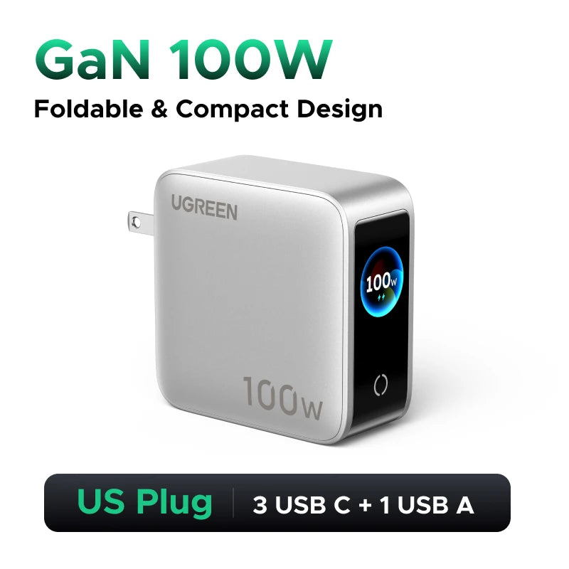 UGREEN 100W GaN Charger With Smart Display EU/UK/US Foldable Plug QC4.0 AVS For Macbook Pro Laptop iPhone 18 17 Pro iPad Samsung
