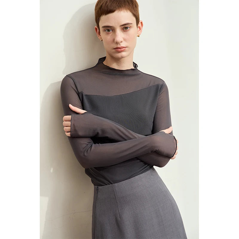 អាវយឺត Amii Minimalism Mesh សម្រាប់ស្ត្រី 2026 រដូវស្លឹកឈើជ្រុះថ្មី Office Lady ពាក់កណ្តាលខ្ពស់ Micro Perspective អាវ Retro ស្ដើង 12423055