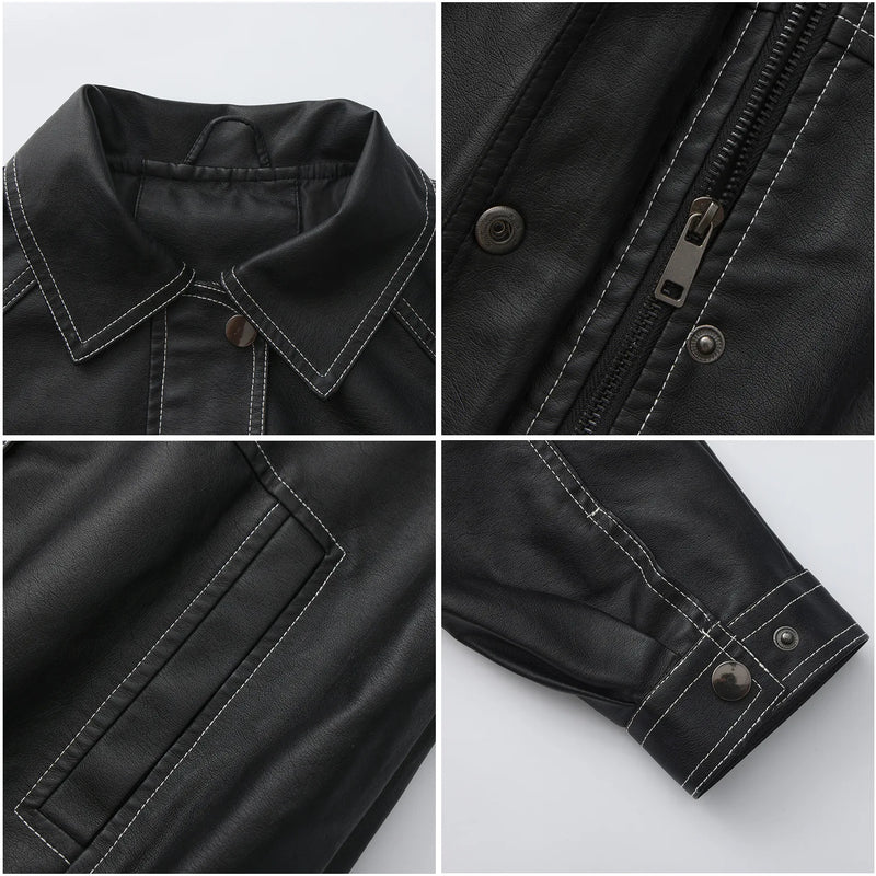 Women's Black Faux Leather Jacket for Fall, Brown Biker Coat for Spring, and Stylish, Casual PU Tops.
