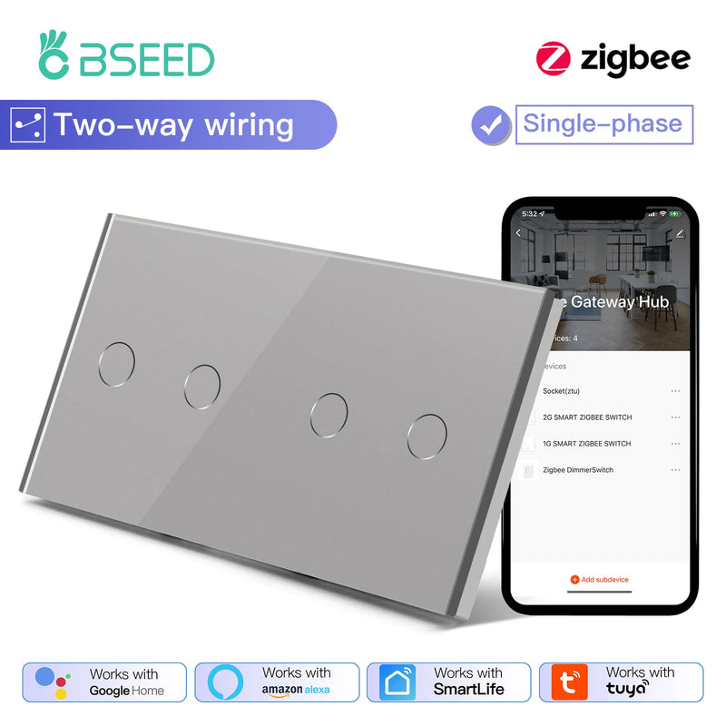 BSEED Smart Zigbee Touch Light Switch 1/2/3Gang Wall Touch Switch 2Way Wire Compatible with Smart Life Alexa Google Home