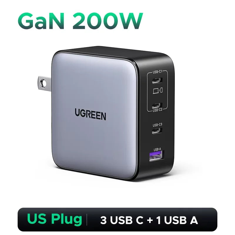 UGREEN 200W Travel GaN Charger PD 3.1 140W QC4.0 3.0 Quick Charge For Macbook Pro Laptops iPhone 18 17 Samsung S26 Xiaomi Tablet