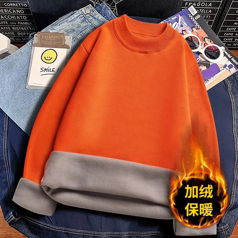 Male Everyday Wear Knitted Pullover Mock Collar Thick Fleece Lining Long Sleeve Warm Sweater For Chilly Weather