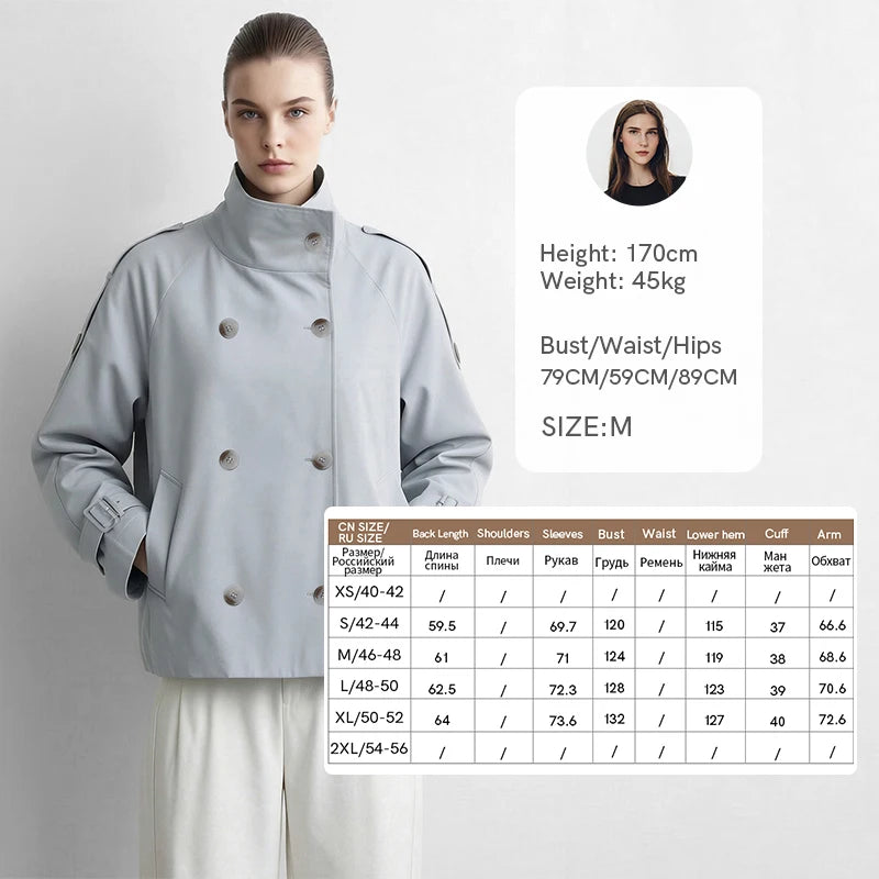 Amii Women's Cropped Trench Coat Cotton Stand Collar Double Breasted Raglan Sleeve Jacket Casual Outerwear Windbreaker 12623100