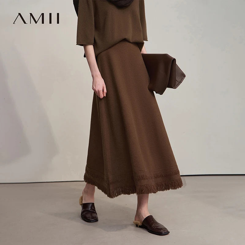 AMII Women's Skirt 2026 Winter Minimalist Solid Color Tassel A-Line Long Skirts For Women Loose Knitted Clothing Female 12544018