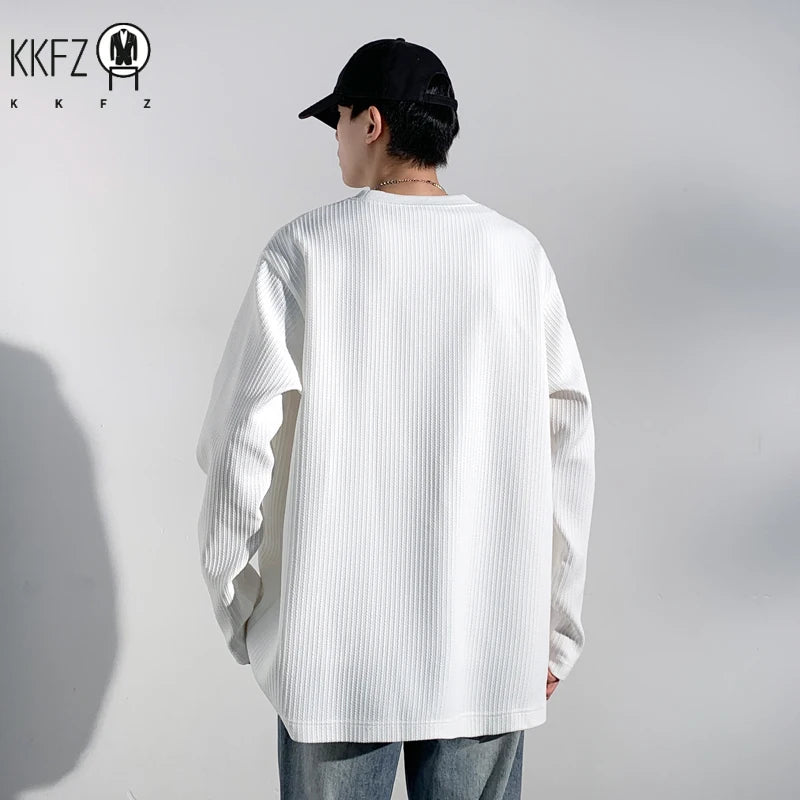 Men Casual Ribbed Texture Long Sleeve T Shirt Round Neck Relaxed Fit Soft Knit Male Daily Wear Top