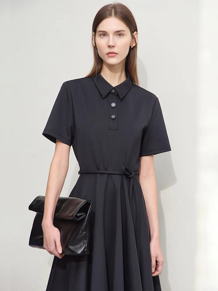 រ៉ូបថ្មី Amii Minimalism រដូវក្តៅឆ្នាំ ២០២៤ សម្រាប់ស្ត្រី POLO កអាវពាក់កណ្តាល Placket ដៃខ្លីជាមួយខ្សែក្រវ៉ាត់ រ៉ូប A-Line ស្ដើង 12442093