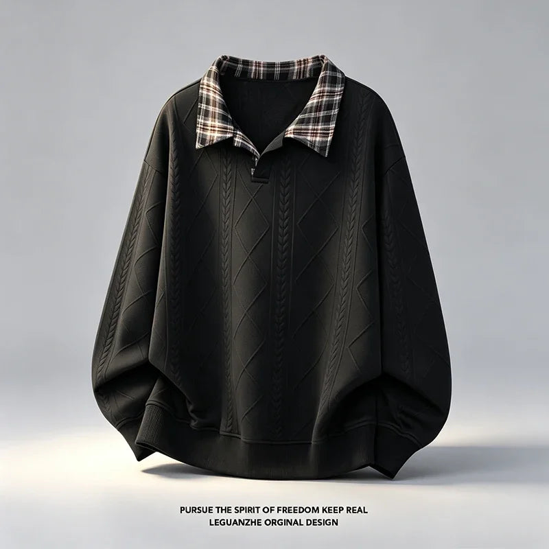 Mens Plaid Lapel Collar Long Sleeve Jacquard Sweatshirt Geometric Embossed Texture Soft Handfeel Top For Autumn