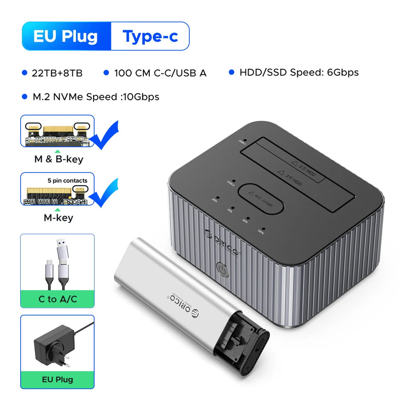 ORICO M.2 SSD Enclosure NVMe to SATA HDD Case USB3.2 10Gbps Copy Docking Station Cross Protocol Offline Tool Free 22TB+8TB Max