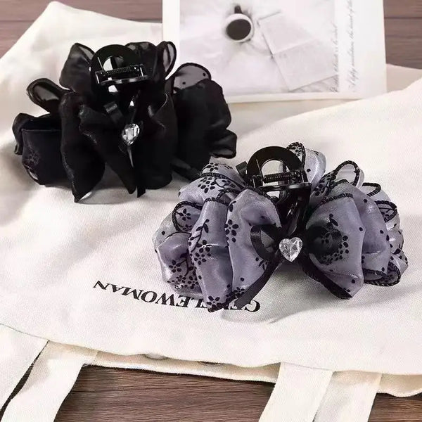1/2pcs Women's Multi-Color Rhinestone Heart Embellishment Mesh Bow Hair Clip Double-Sided Bubble Grip Clip Fluffy Hair Claw