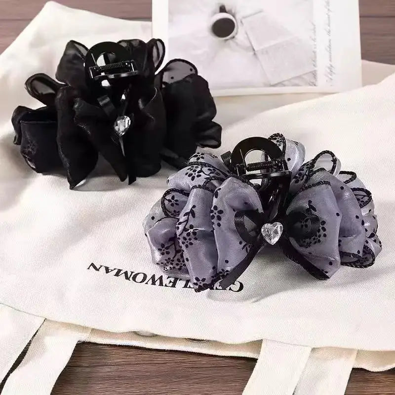 1/2pcs Women's Multi-Color Rhinestone Heart Embellishment Mesh Bow Hair Clip Double-Sided Bubble Grip Clip Fluffy Hair Claw