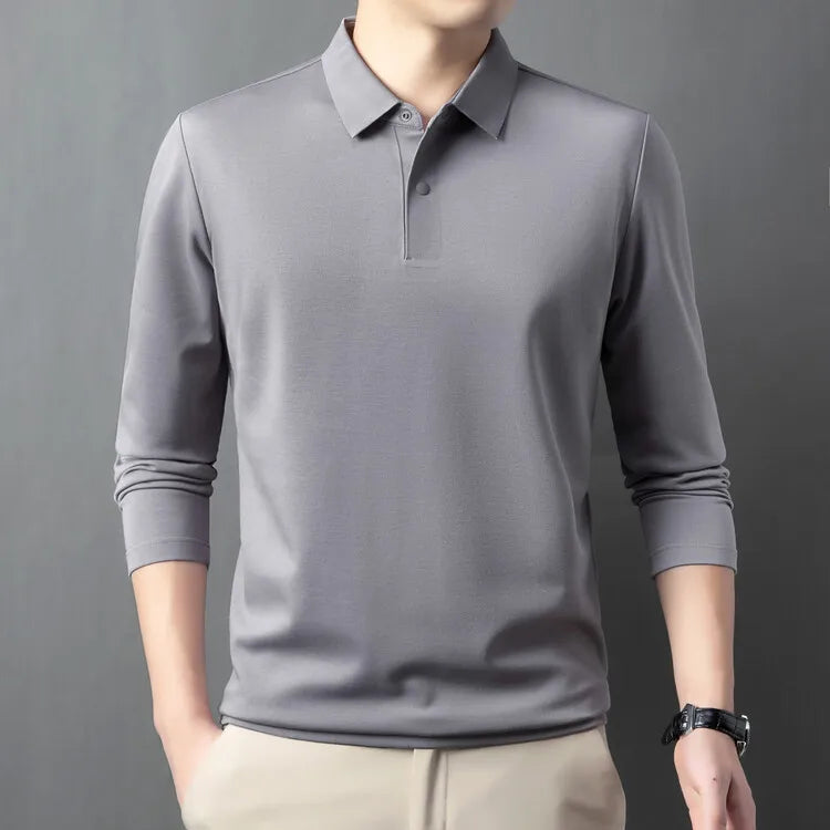 Premium Silk & Wool Blend Polo Shirt - Soft Winter Fleece Lining Luxury Business Casual Wear