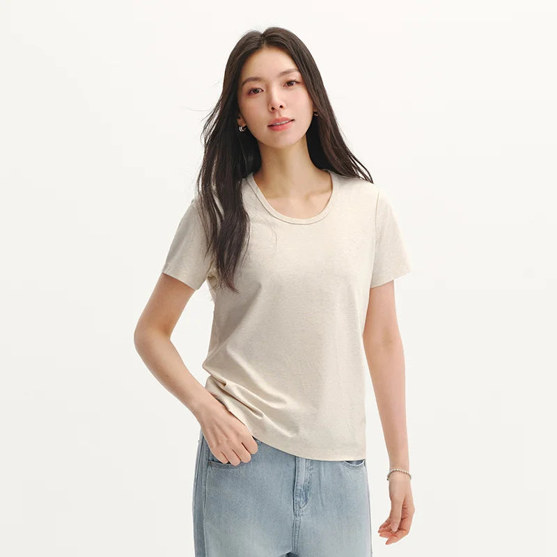 Semir Womens Tshirt 2026 Slim Solid Basic Crew Neck White Fashion Casual Soft Daily Wear