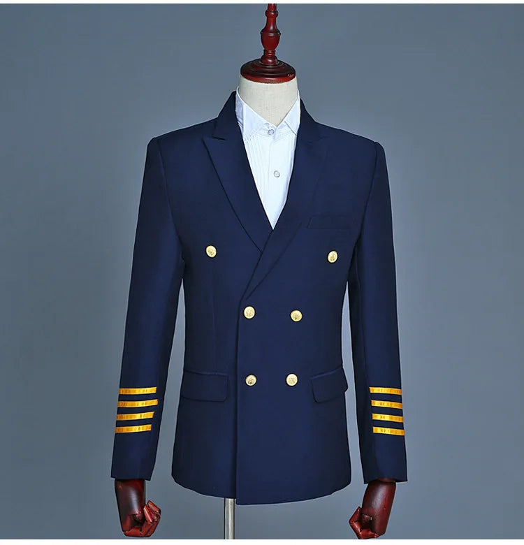 2026 Men's Slim Fit Captain Uniform Two-Piece,Navy Double-Breasted Jacket with Gold Buttons&Epaulettes for Pilot,Stage, Wedding