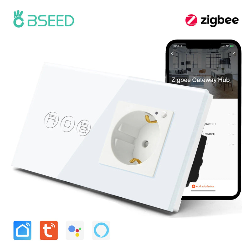 BSEED Tuya Zigbee Shutter Touch Switch For Electric Motor Roller Shutter Plus Zigbee Smart Socket Google Home Alexa App Control