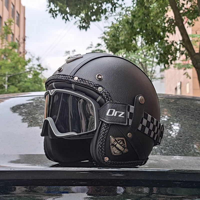 Retro Motorcycle Helmet PU Leather Open 3/4 Chopper Bicycle Helmet CapacetDOT Certification
