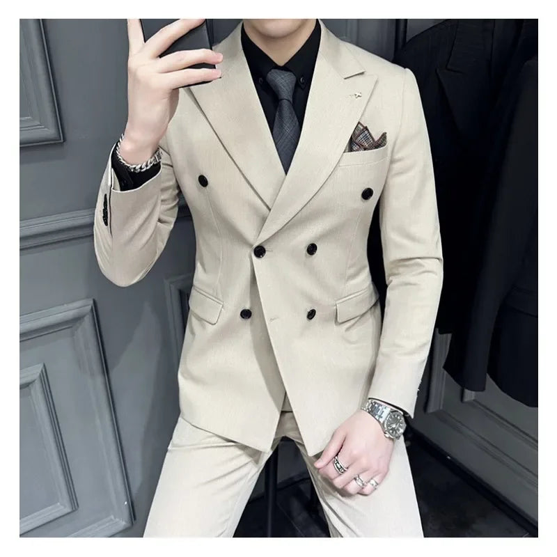 Men's Luxury Double-Breasted Suit Set (Jacket, Vest & Pants) - Stretch Fabric Business Casual Blazer with Extended Sizes S-7XL