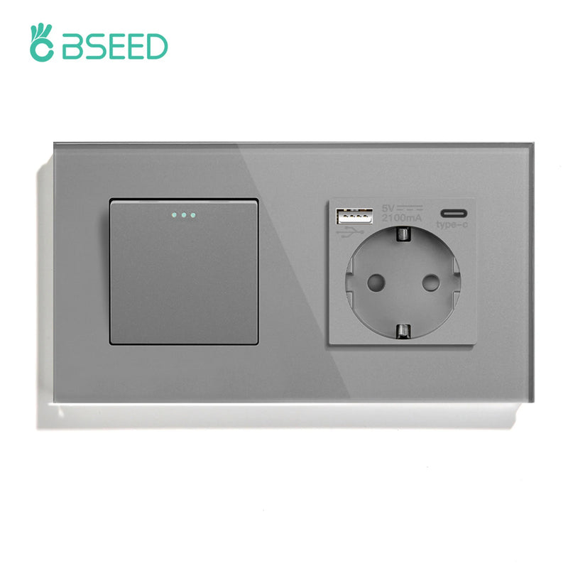 BSEED Mechanical Wall Button Switch 1/2/3Gang 1Way With Wall Power Socket Glass Frame USB Type-C Charge Port Home Improvement