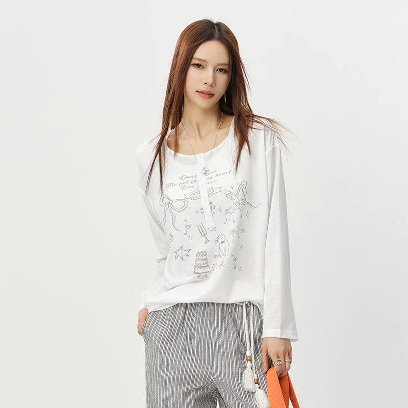 Semir Women Tshirt Print Oversized Mid Long Sleeve Top 2026 Summer Loose Casual