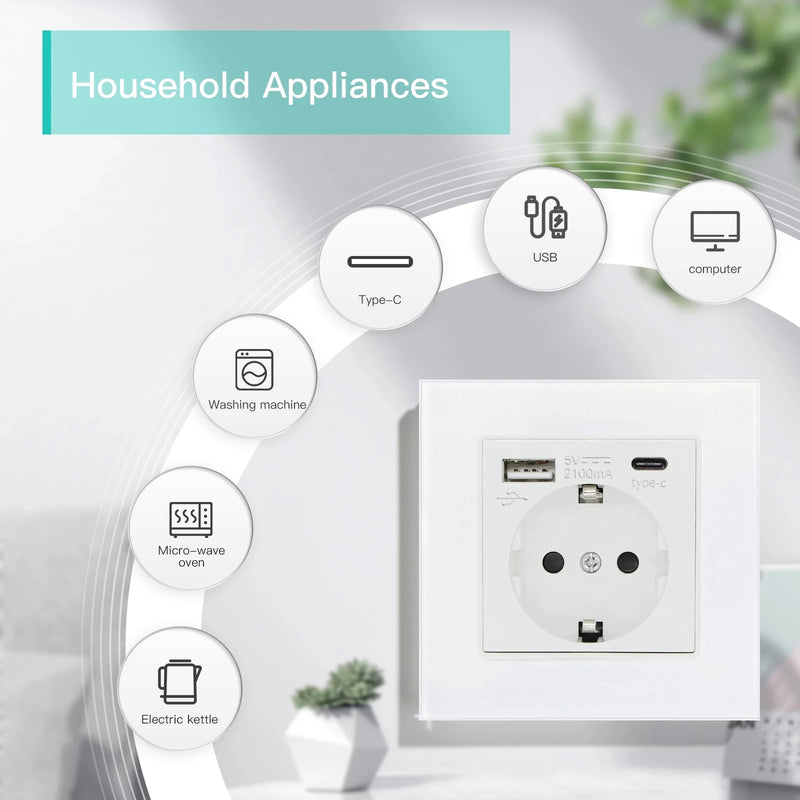 BSEED EU Power Socket Electrical Outlets With USB Type-C Phone Charger Port 2.1A  USB Wall Socket 16A Crystal Glass Panel