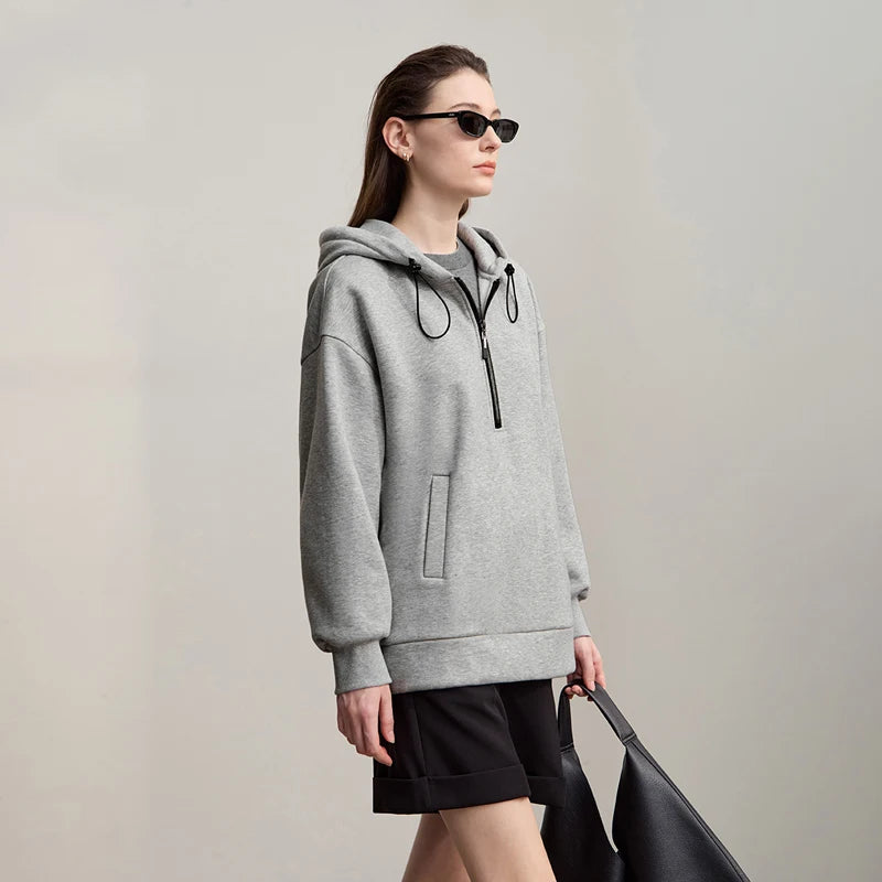 AMII Hoodies Woman 2026 Winter New Casual Hooded Zipper Semi-open Woman Sweatshirts Long Sleeve Loose Cotton Top Female 12544110
