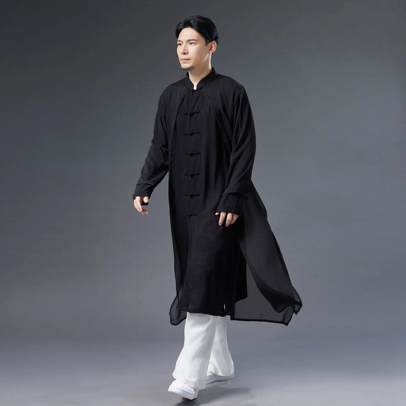 Chinese-style Men's White Trench Coat, Summer Black Cotton-linen Long Jacket.