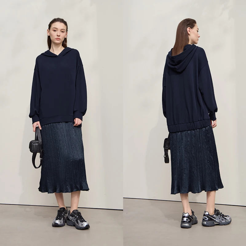 Amii Womens Dresses 2026 Autumn New Casual Patchwork Dresses for Woman A-Line Loose Hooded Long Sleeve Ladies Clothing 12553054
