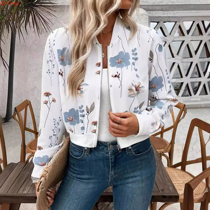 2026 New Women's Purple Long-Sleeve Printed Jacket, Green Baseball Collar Casual Coat, European Sizes S-XXL.