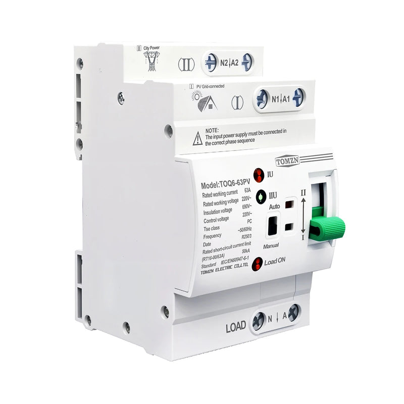 TOMZN Din Rail Small PV ATS 2P4P 63A 230V Dual Power Automatic Transfer Electrical Selector Switch Uninterrupted