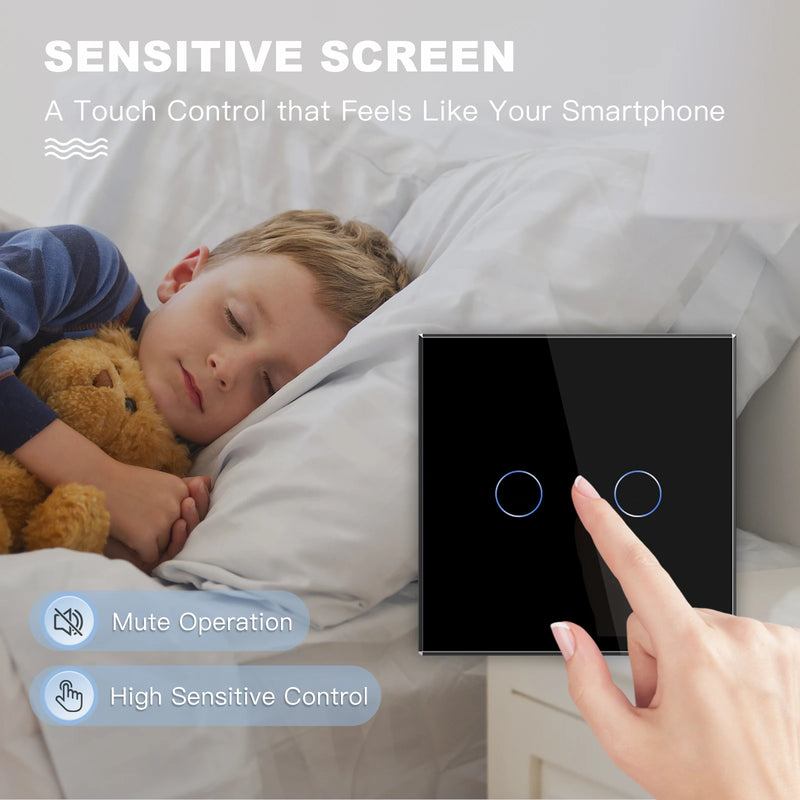 BSEED EU Standard 1/2/3Gang 2Way Wall Touch Switch Light Sensor Switches Wall Socket USB Type-C Crystal Glass Panel 240V Black