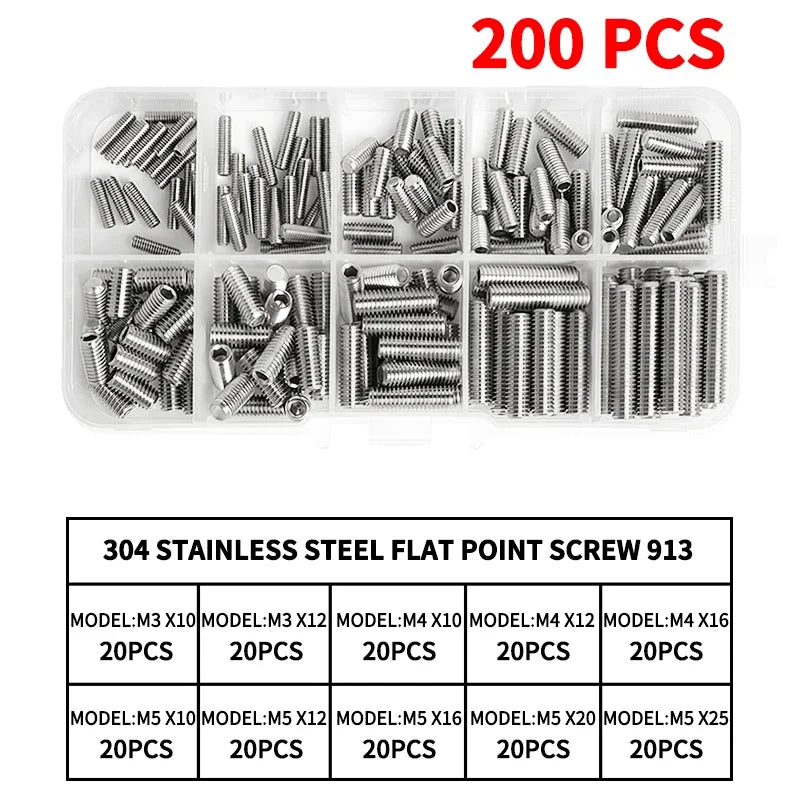 M3-M10 DIN913 Black Steel 304 Stainless Steel Hex Hexagon Socket Allen Flat Point Set Screw Grub Bolt Assortment Kit