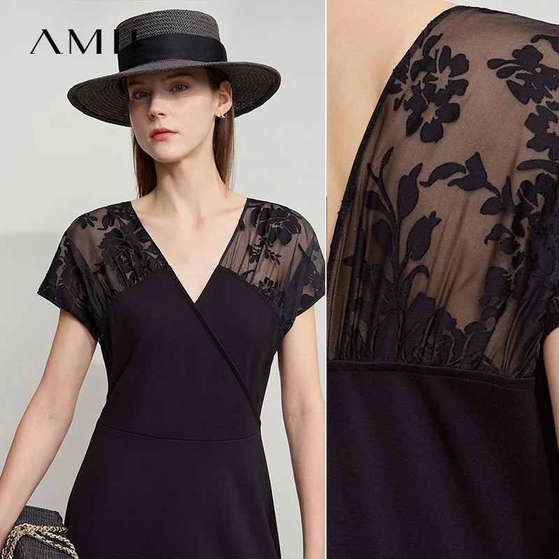 រ៉ូប Amii Minimalist Casual សម្រាប់នារី រដូវក្តៅ ឆ្នាំ២០២៥ ថ្មី សម្រាប់នារីការិយាល័យ ដៃខ្លី ក V ចង្កេះស្ដើង រ៉ូបចរ 12542261