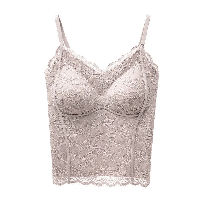 Sexy Slim-fitting French Lace Sling Vest for Women Fixed Cup Double Breasts Gathered Inner Top One Piece Sleepwear Pajamas