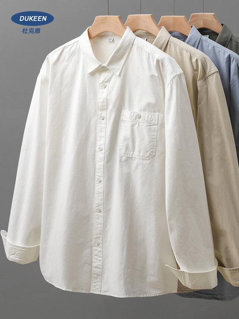 DUKEEN Men's 100% Cotton Shirts Long Sleeve Casual Solid Color Formal Shirt 2024 Spring and Autumn Loose Turn-Down Collar Tops